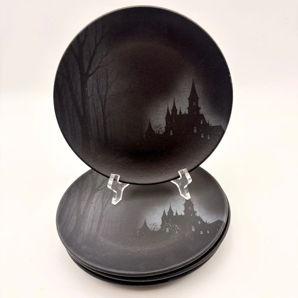 Mesa Brasil Halloween Gothic Haunted Castle Black Matte Salad Plates Set of 4